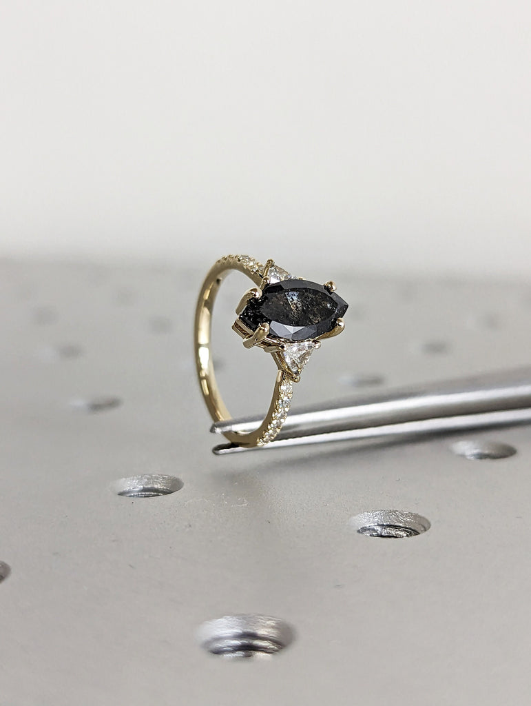 Raw Diamond Marquise Triangle Diamond, Salt and Pepper, Unique Engagement Ring, Rose Cut Geometric Diamond Ring, 14k Gold, Custom Handmade