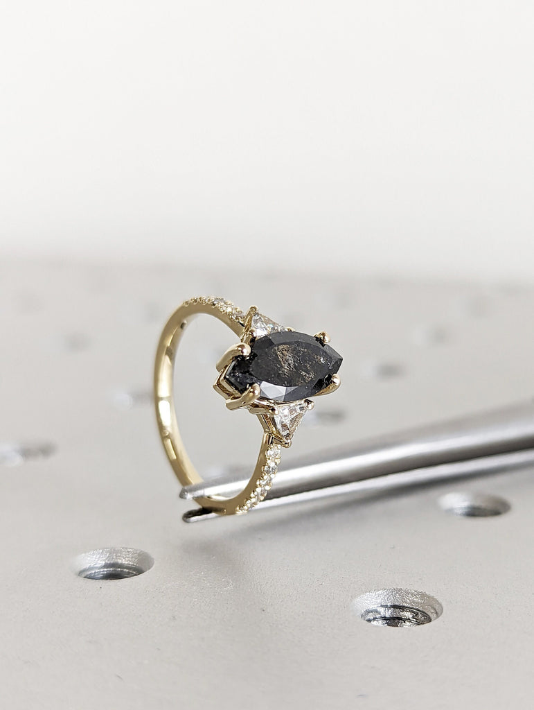Raw Diamond Marquise Triangle Diamond, Salt and Pepper, Unique Engagement Ring, Rose Cut Geometric Diamond Ring, 14k Gold, Custom Handmade