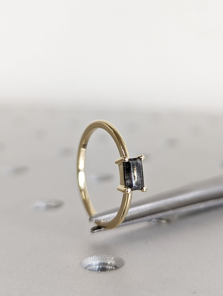 Solitaire Emerald Baguette Raw Salt and Pepper Diamond Gold Engagement Ring Art Deco 1920s Inspired Thin Petite Band 14k Unique Ring for Her