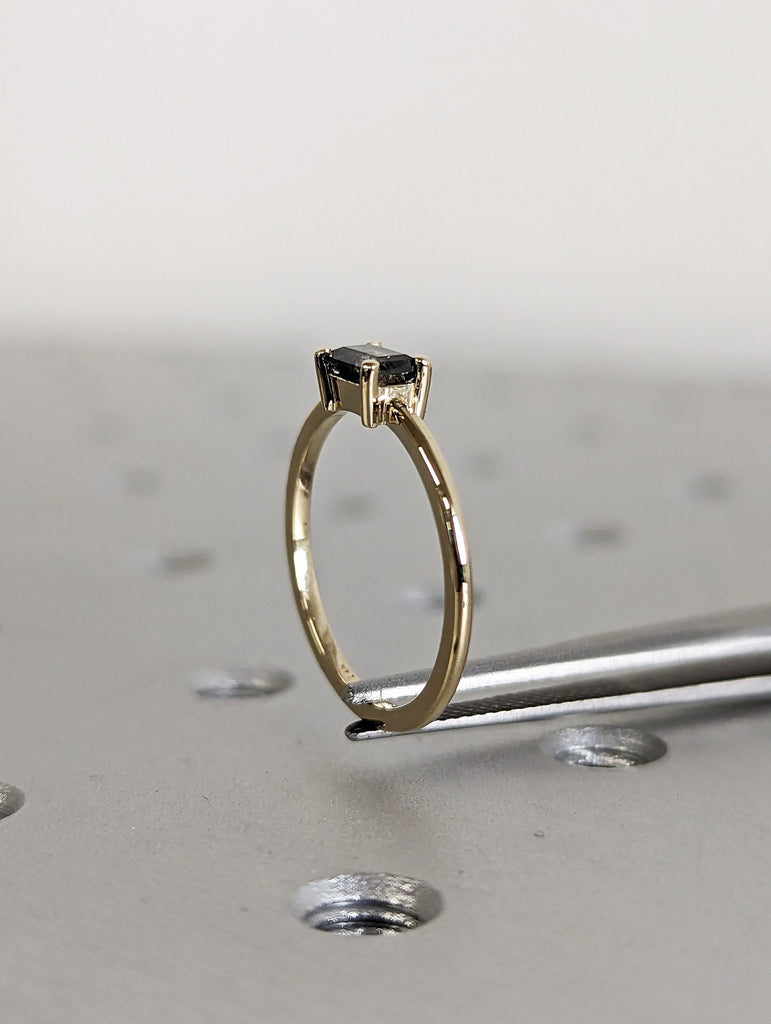 Solitaire Emerald Baguette Raw Salt and Pepper Diamond Gold Engagement Ring Art Deco 1920s Inspired Thin Petite Band 14k Unique Ring for Her