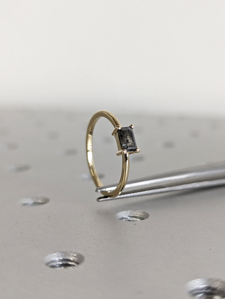 Solitaire Emerald Baguette Raw Salt and Pepper Diamond Gold Engagement Ring Art Deco 1920s Inspired Thin Petite Band 14k Unique Ring for Her