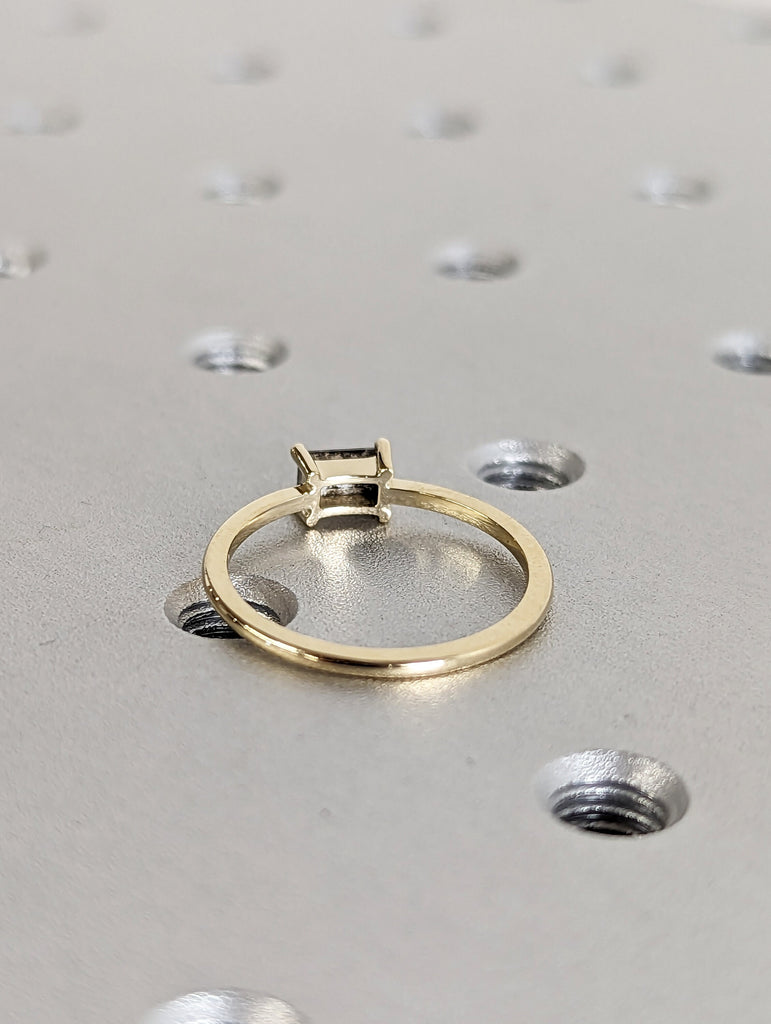 Solitaire Emerald Baguette Raw Salt and Pepper Diamond Gold Engagement Ring Art Deco 1920s Inspired Thin Petite Band 14k Unique Ring for Her
