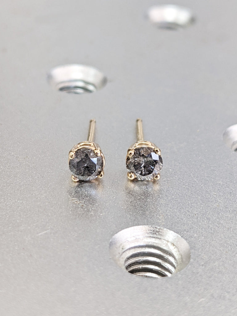 0.5CT Salt And Pepper Diamond Earring Studs, Minimalist Diamond Earring Stud, Round Cut Diamond Earring Pair, 14K Solid Yellow Gold Earrings