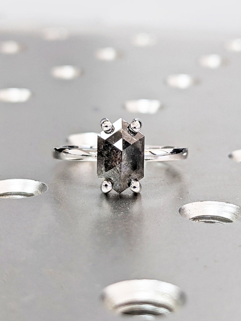 Raw Diamond, Salt and Pepper, Hexagon, Unique Engagement Ring, Rose Cut Geometric Diamond Ring, 14k Gold, 18K White Gold, Custom Handmade