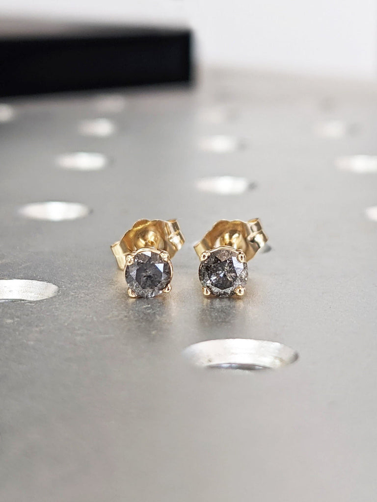 0.5CT Salt And Pepper Diamond Earring Studs, Minimalist Diamond Earring Stud, Round Cut Diamond Earring Pair, 14K Solid Yellow Gold Earrings