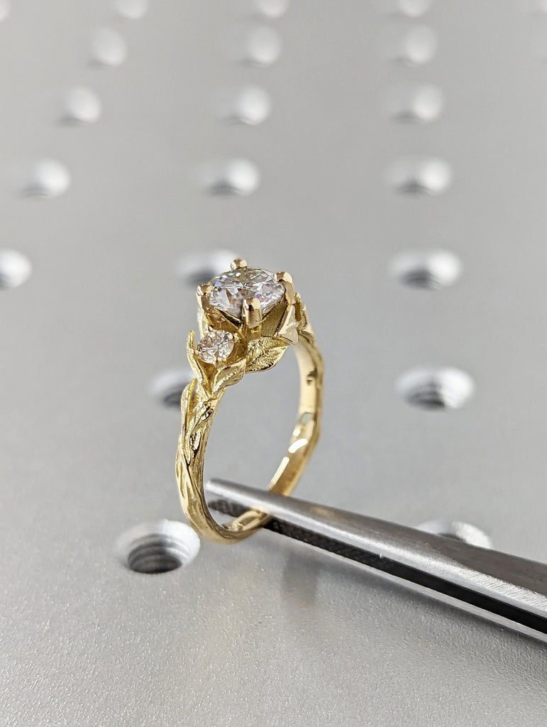 Nature Inspired Moissanite Engagement Ring Leaves Band Round Moissanite Diamond Wedding Ring Leaf Vine Branch Alternative Engagement Ring