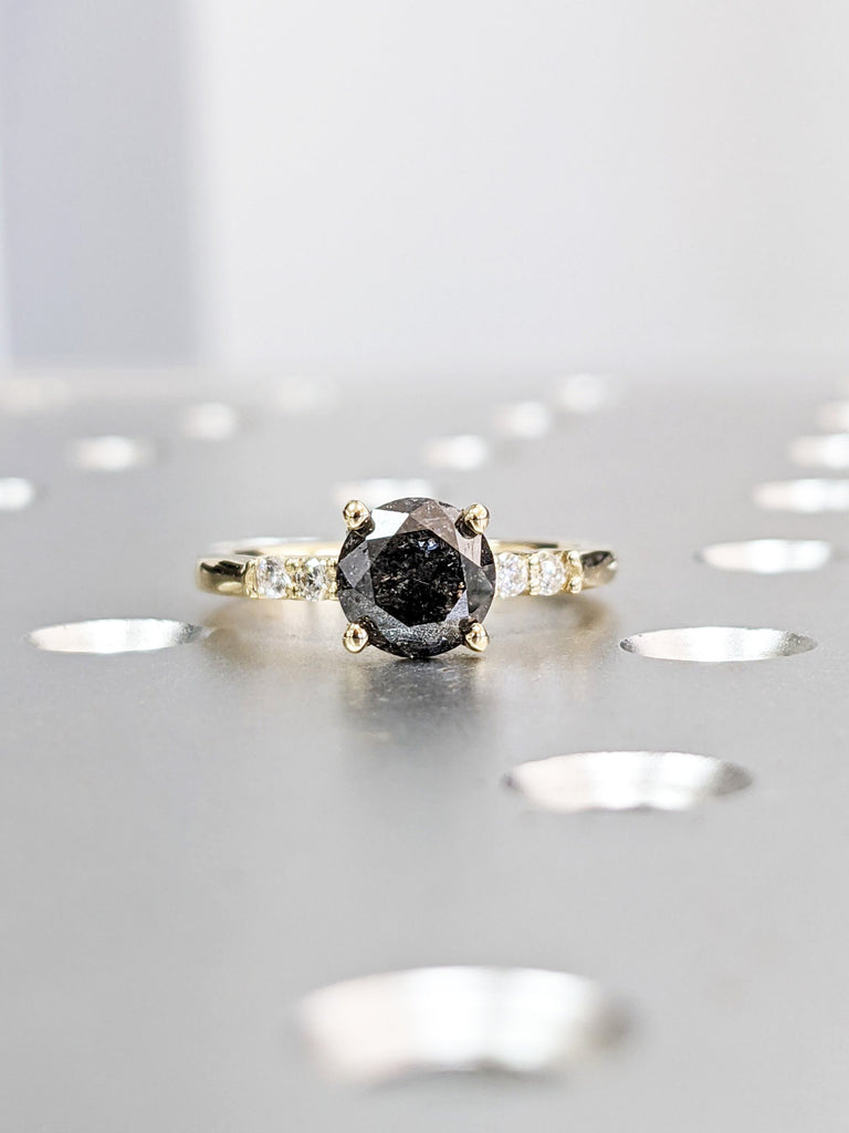 Galaxy Salt and Pepper Diamond Ring- Round Cut Diamond Engagement Ring- Unique Bridal Black Diamond Promise Ring Yellow Gold Solitaire Ring