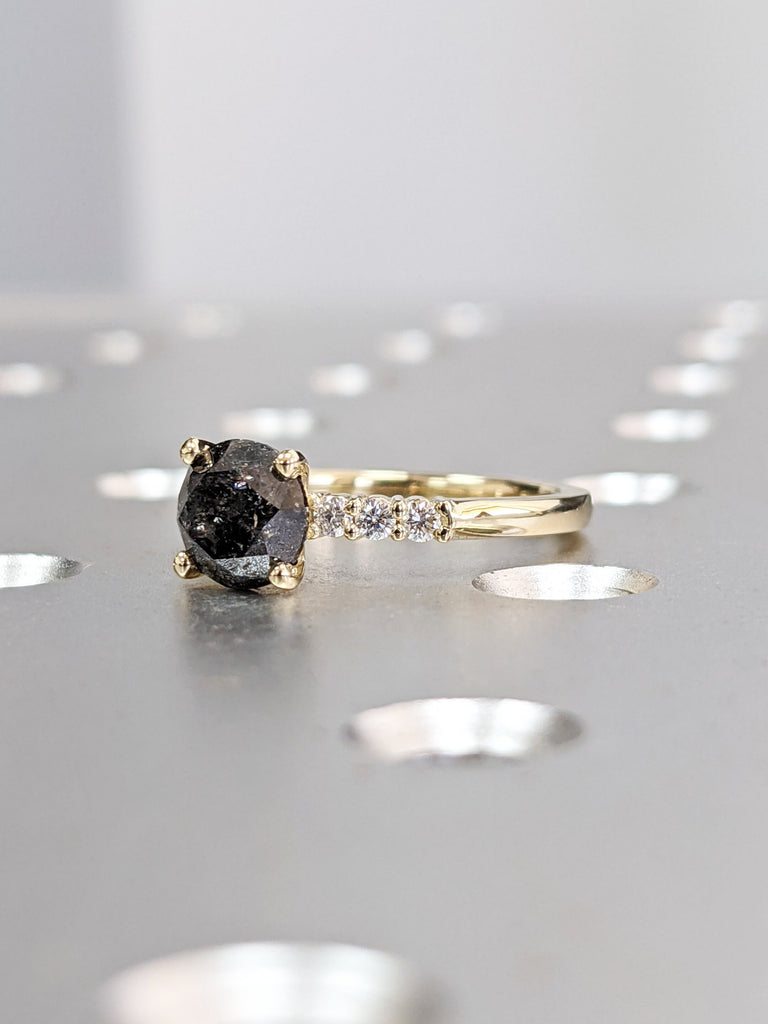 Galaxy Salt and Pepper Diamond Ring- Round Cut Diamond Engagement Ring- Unique Bridal Black Diamond Promise Ring Yellow Gold Solitaire Ring