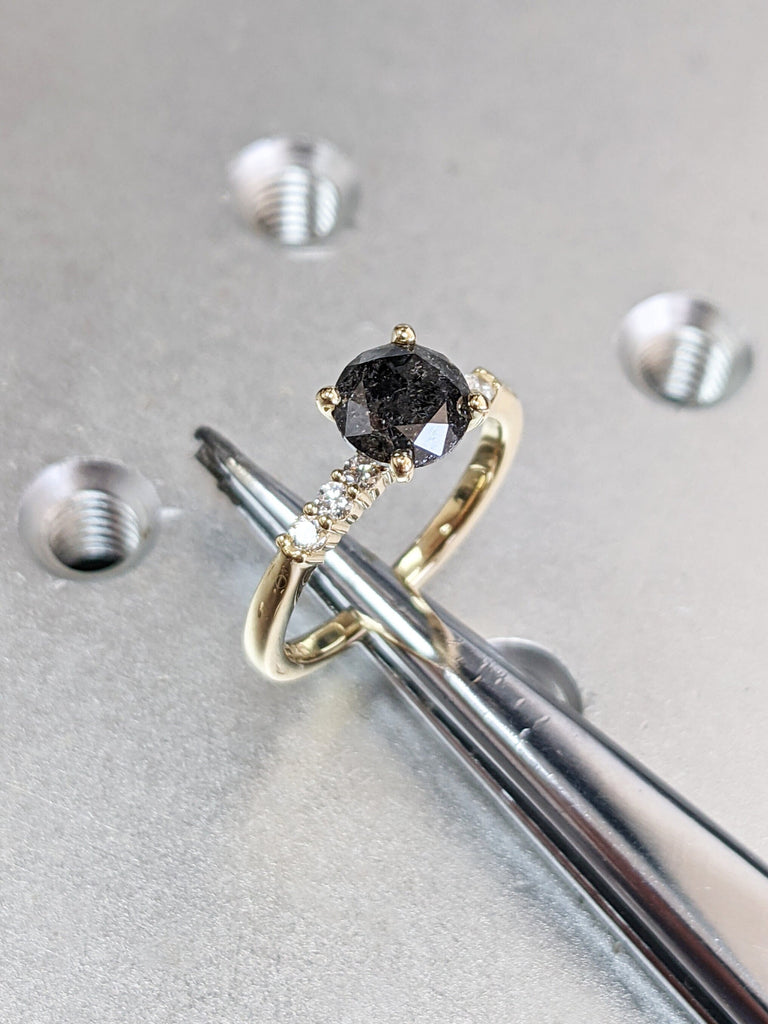 Galaxy Salt and Pepper Diamond Ring- Round Cut Diamond Engagement Ring- Unique Bridal Black Diamond Promise Ring Yellow Gold Solitaire Ring