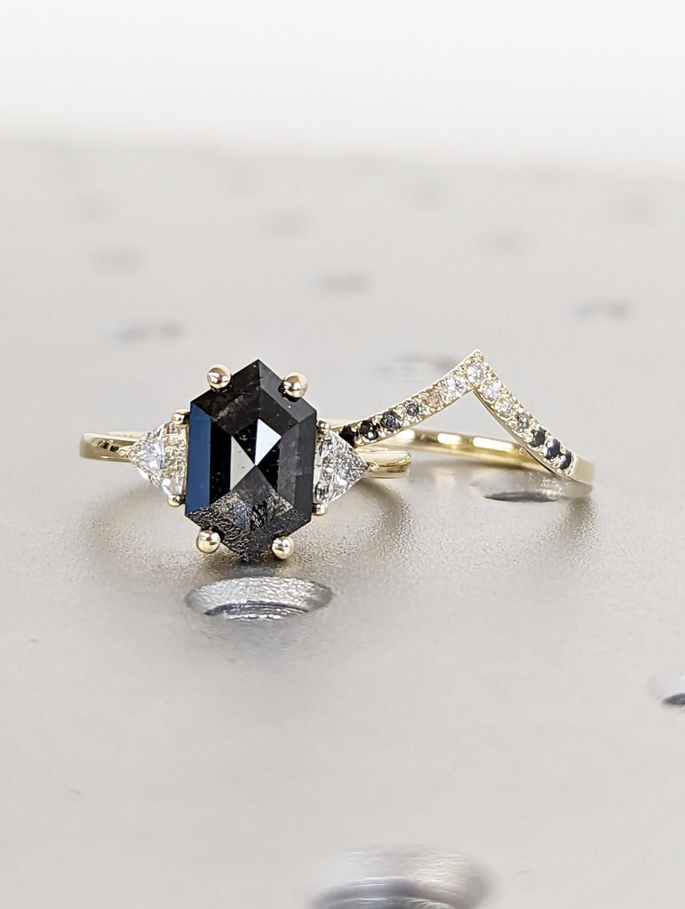 Raw Diamond Hexagon Triangle Diamond, Salt and Pepper, Plain Unique Bridal Engagement Set, Rose Cut Geometric Diamond Ring, Custom Handmade