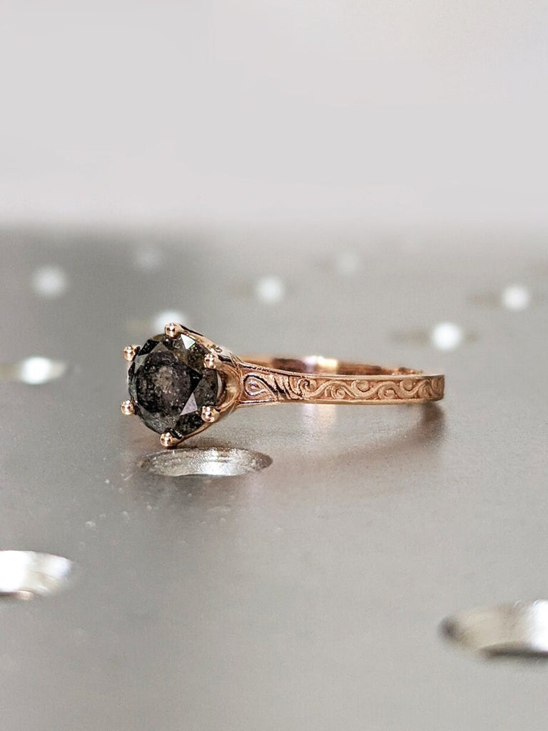 Galaxy Raw Salt and Pepper Diamond Ring- Round Cut Diamond Engagement Ring- Unique Bridal Black Diamond Promise Ring 14K Rose Gold Solitaire