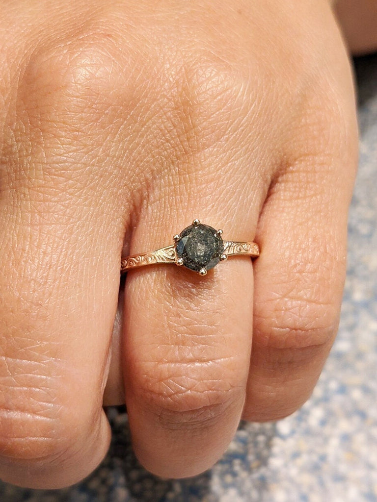 Galaxy Raw Salt and Pepper Diamond Ring- Round Cut Diamond Engagement Ring- Unique Bridal Black Diamond Promise Ring 14K Rose Gold Solitaire