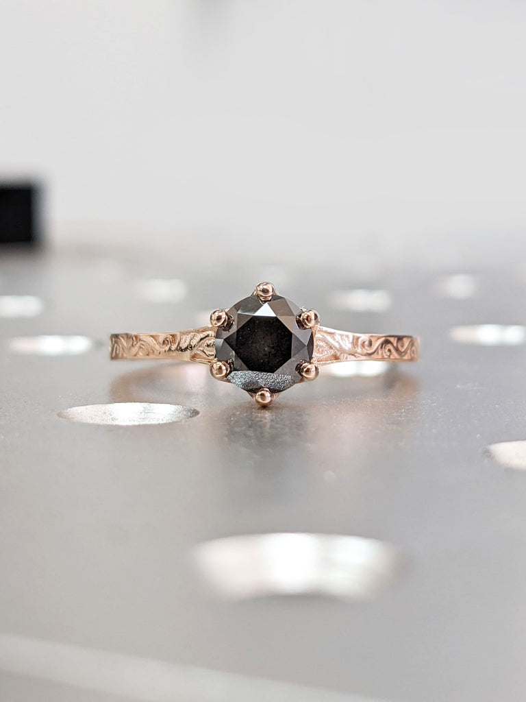 Galaxy Raw Salt and Pepper Diamond Ring- Round Cut Diamond Engagement Ring- Unique Bridal Black Diamond Promise Ring 14K Rose Gold Solitaire