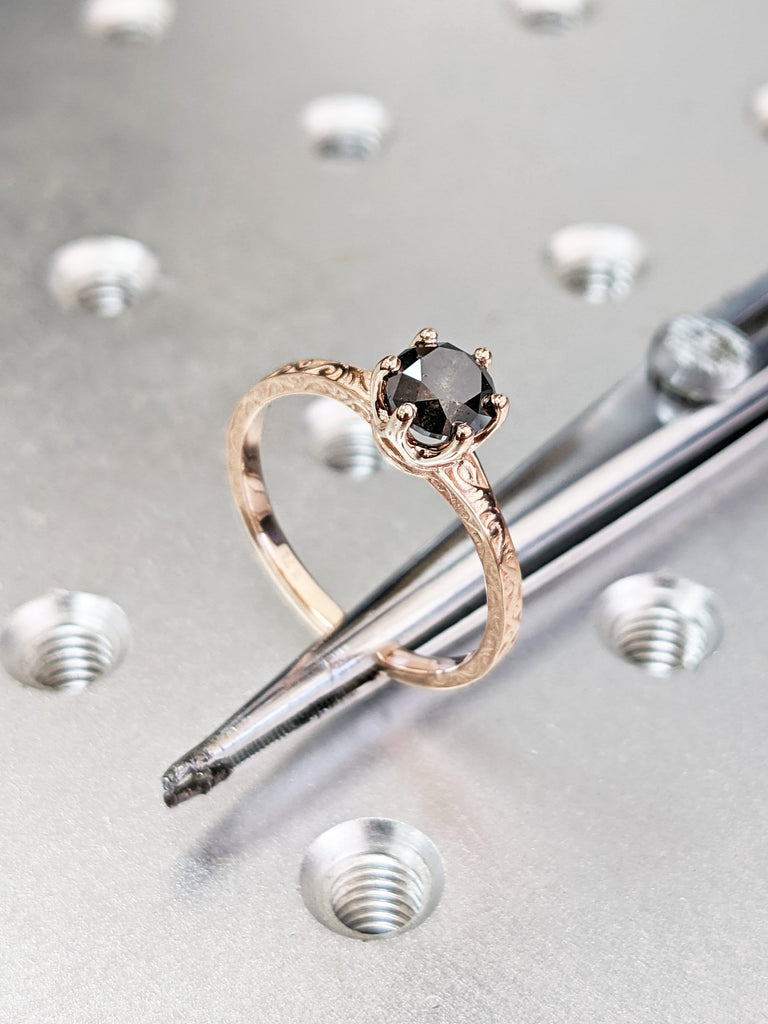 Galaxy Raw Salt and Pepper Diamond Ring- Round Cut Diamond Engagement Ring- Unique Bridal Black Diamond Promise Ring 14K Rose Gold Solitaire