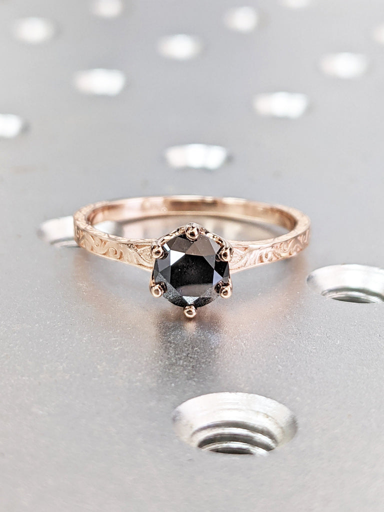 Galaxy Raw Salt and Pepper Diamond Ring- Round Cut Diamond Engagement Ring- Unique Bridal Black Diamond Promise Ring 14K Rose Gold Solitaire