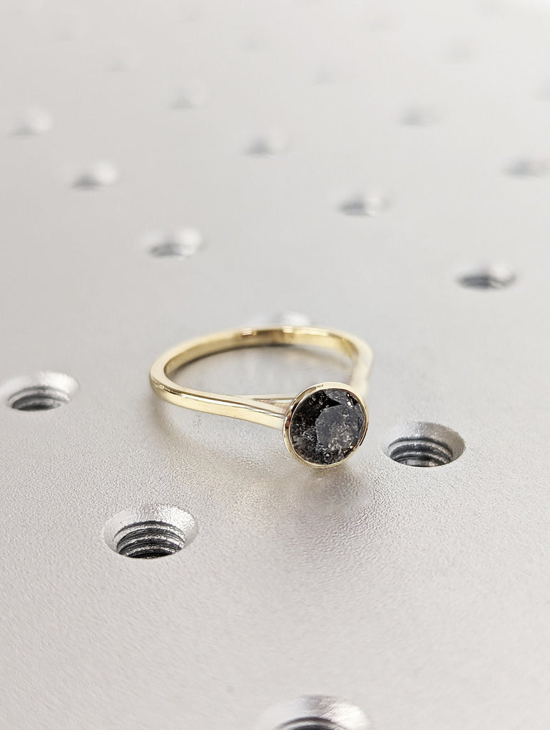 Round Bezel Solitaire Ring Brilliant Cut Galaxy Salt And Pepper Diamond Engagement Ring Dainty Promise Ring Solitaire Bezel Ring