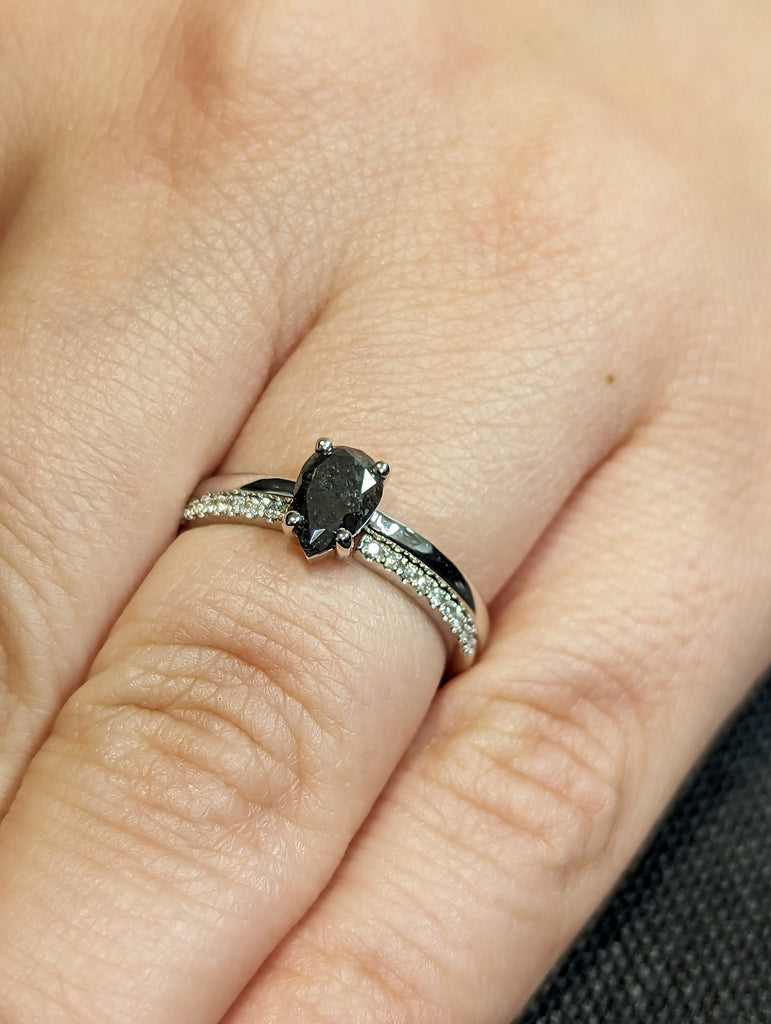 Raw Salt and Pepper Diamond, Rose Cut Pear Diamond Ring, Unique Engagement, Black, Gray Pear, 14k Yellow, Rose, or White Gold