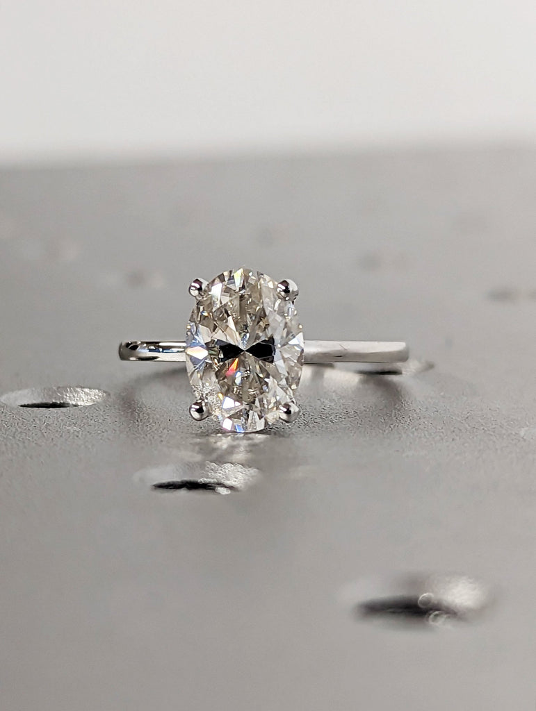 2ct Hidden halo engagement ring, solitaire oval moissanite ring, Hidden Halo Oval Cut Solitaire Engagement Ring in 18K White gold Minimalist
