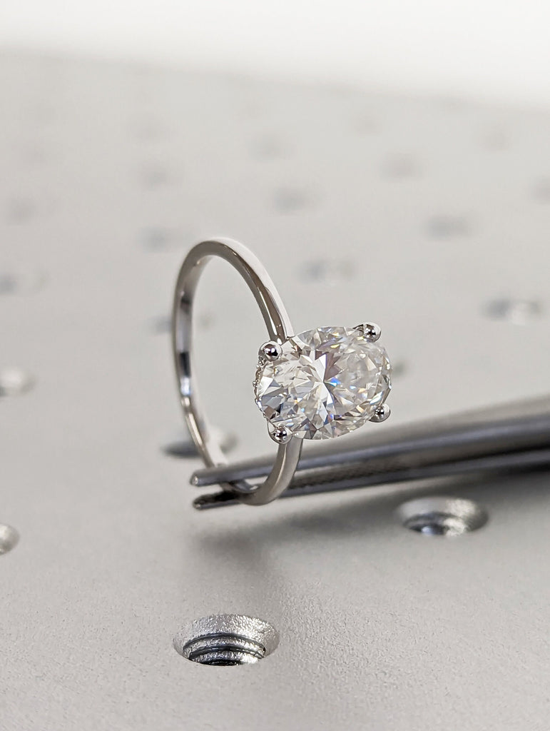 2ct Hidden halo engagement ring, solitaire oval moissanite ring, Hidden Halo Oval Cut Solitaire Engagement Ring in 18K White gold Minimalist