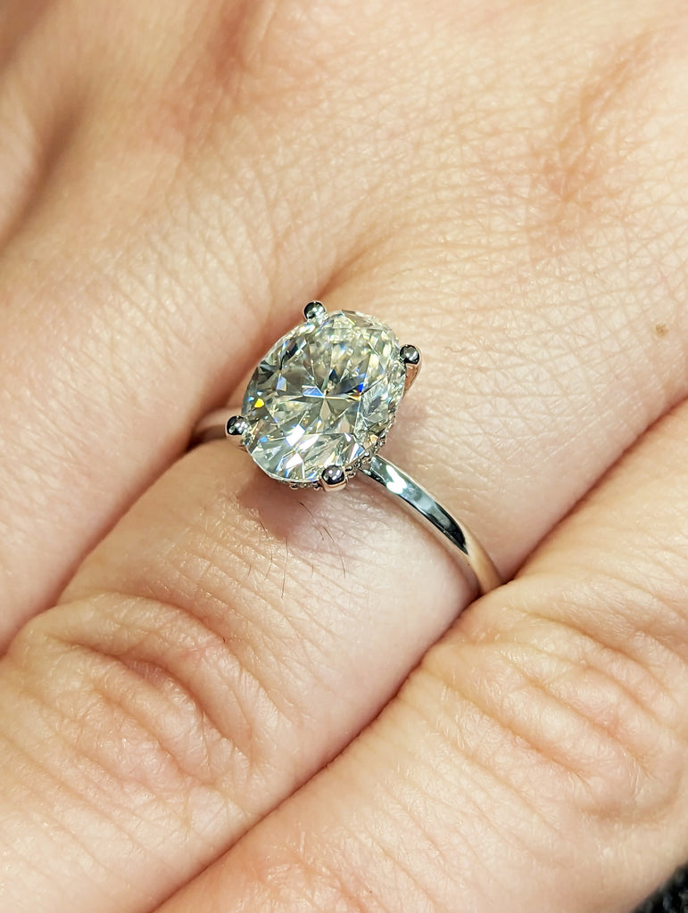 2ct Hidden halo engagement ring, solitaire oval moissanite ring, Hidden Halo Oval Cut Solitaire Engagement Ring in 18K White gold Minimalist