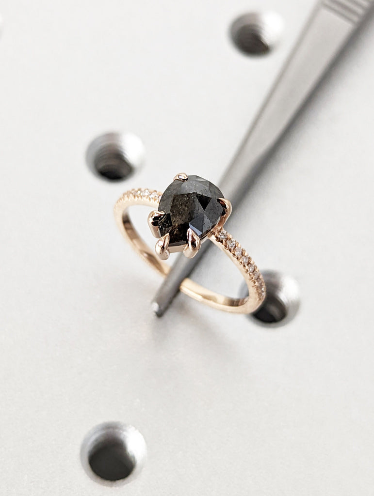 1.5 Carat 1920's Raw Salt and Pepper Diamond, Pear Diamond Ring, Unique Engagement Bridal , Black, Gray Pear 14k Yellow, Rose White Gold