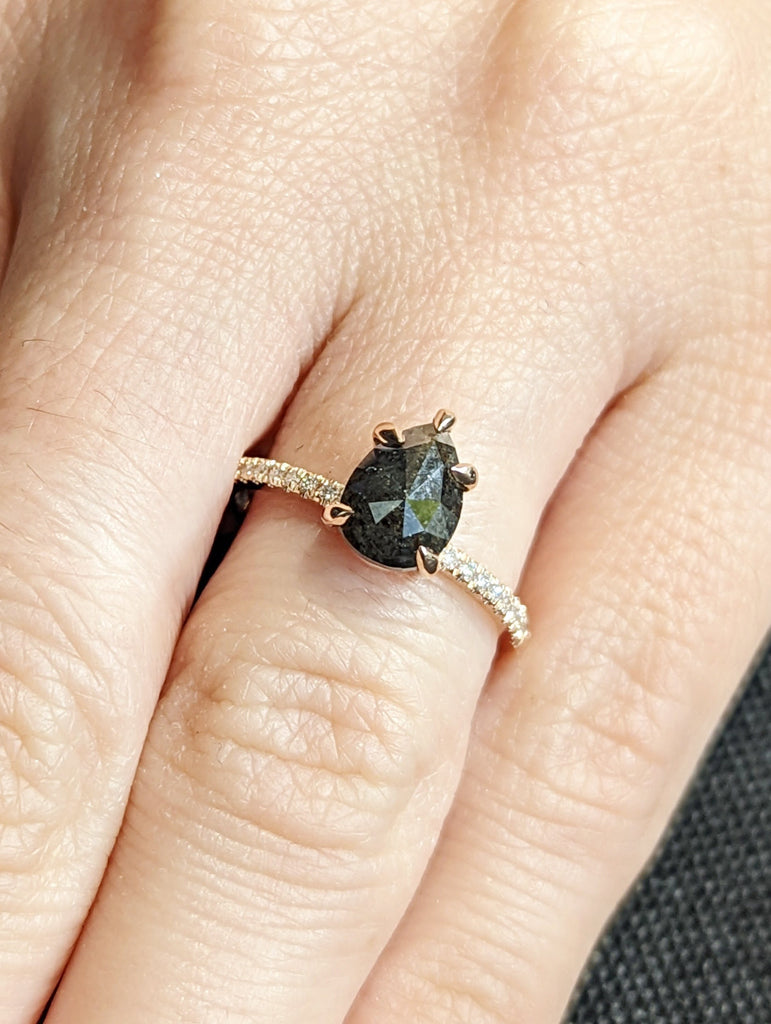 1.5 Carat 1920's Raw Salt and Pepper Diamond, Pear Diamond Ring, Unique Engagement Bridal , Black, Gray Pear 14k Yellow, Rose White Gold