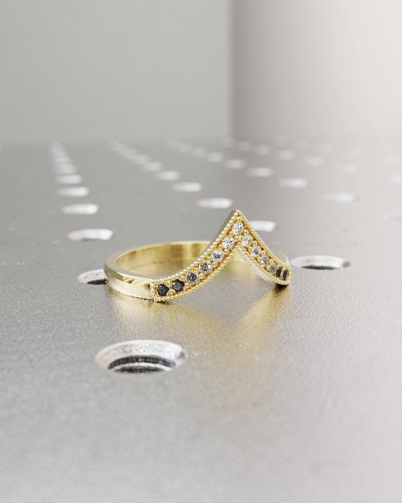 Art deco Pear Salt and Pepper wedding band Vintage Diamond wedding ring Art deco Milgrain matching stacking ombre bridal ring Simple Promise