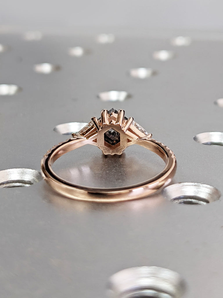 Raw Diamond Hexagon Triangle Diamond, Salt and Pepper, Unique Engagement Ring, Rose Cut Geometric Diamond Ring, 14k Gold, Custom Handmade