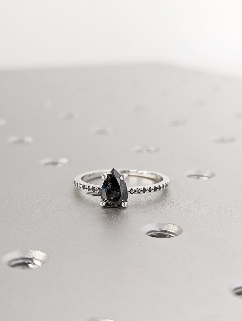 1920's Raw Salt and Pepper Diamond, Pear Diamond Ring, Unique Engagement Bridal Set, Black, Gray Pear, 14k Yellow, Rose, Black or White Gold