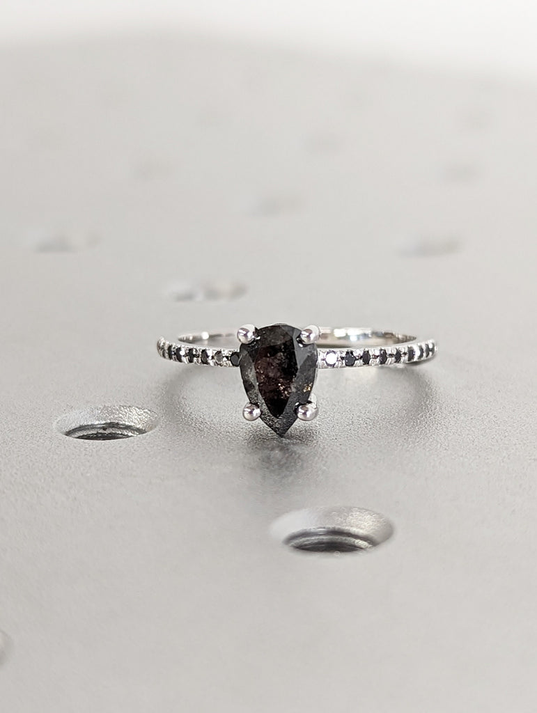 1920's Raw Salt and Pepper Diamond, Pear Diamond Ring, Unique Engagement Bridal Set, Black, Gray Pear, 14k Yellow, Rose, Black or White Gold