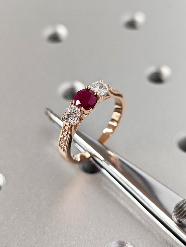 Vintage Red Ruby Ring Engagement Ring, Round Cut Gems, Art Deco Diamond Wedding Band, 3 Stone Unique Women Bridal Promise Ring,14K Rose gold