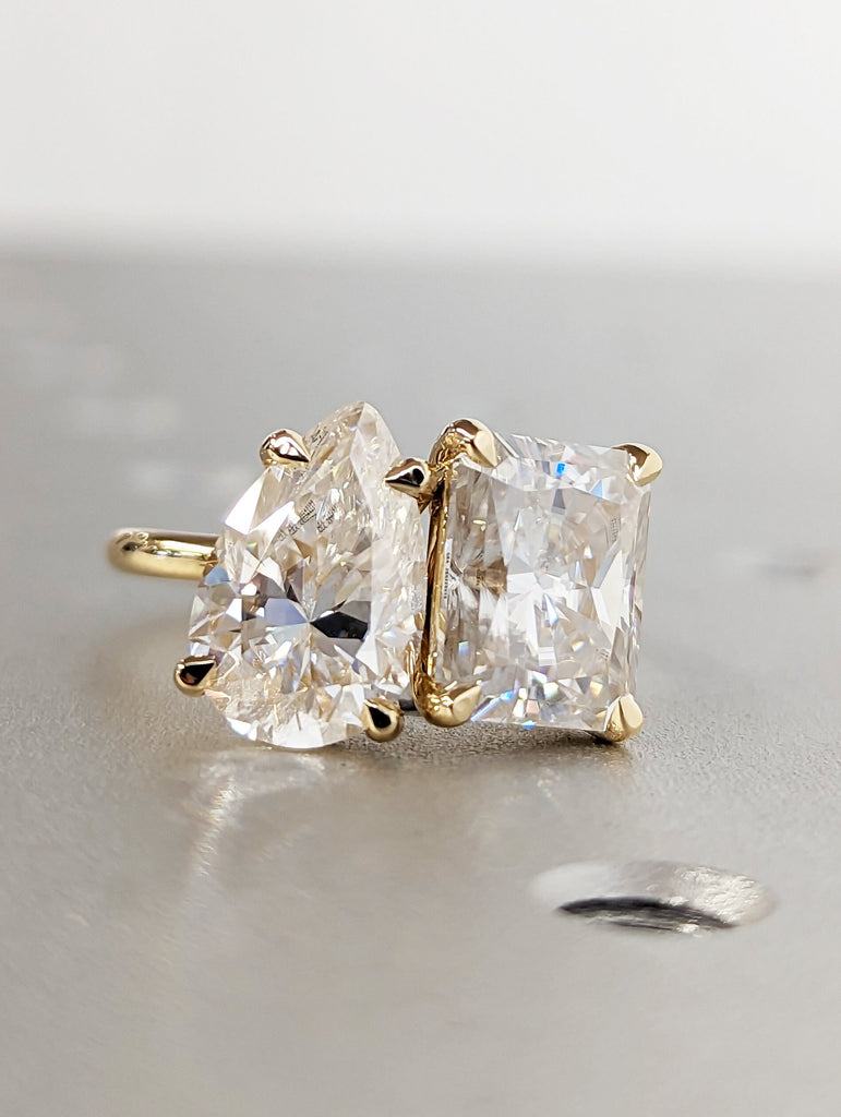 3 Carat Double Stone Engagement Ring Pear Cut and Radiant Cut Moissanite Two Stone Wedding Ring 14K White Yellow Rose Black Gold Talon Prong