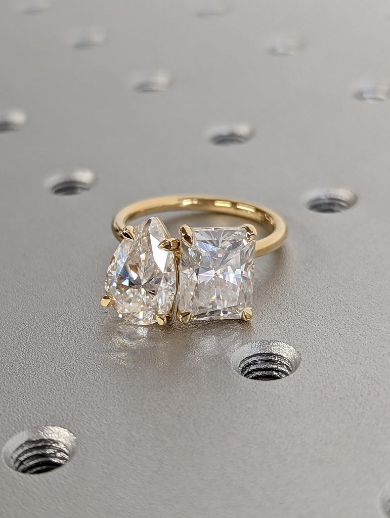 3 Carat Double Stone Engagement Ring Pear Cut and Radiant Cut Moissanite Two Stone Wedding Ring 14K White Yellow Rose Black Gold Talon Prong