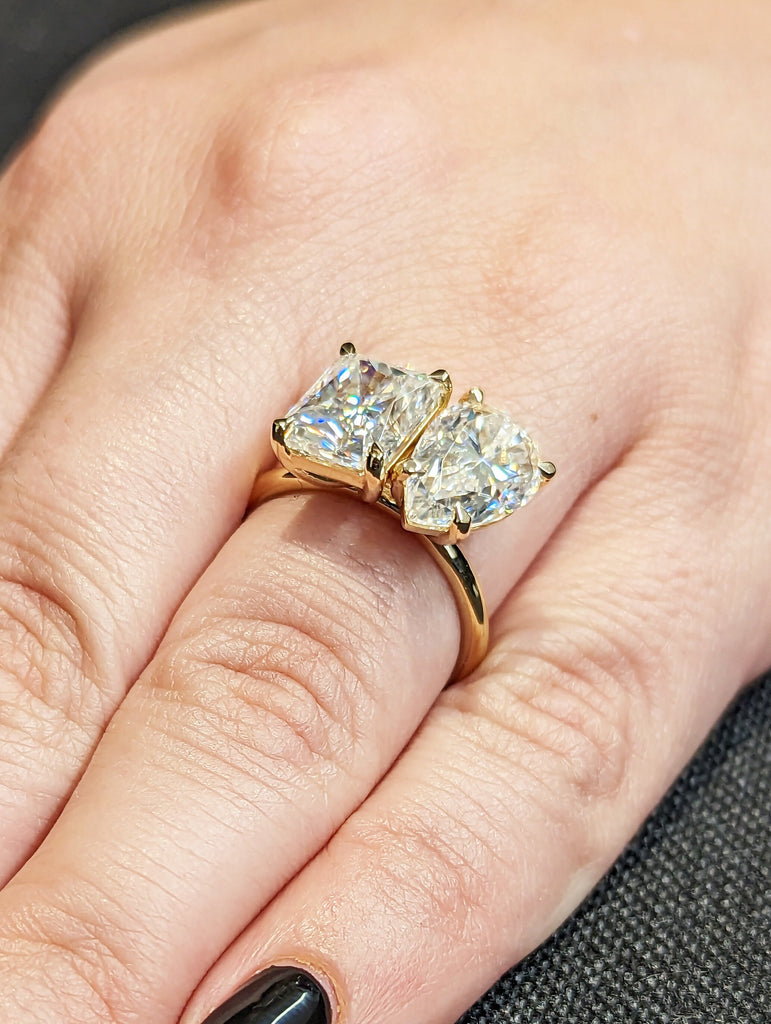 3 Carat Double Stone Engagement Ring Pear Cut and Radiant Cut Moissanite Two Stone Wedding Ring 14K White Yellow Rose Black Gold Talon Prong