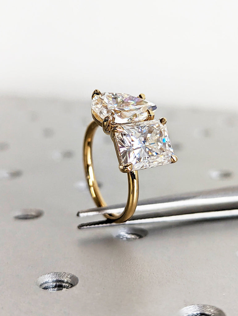 3 Carat Double Stone Engagement Ring Pear Cut and Radiant Cut Moissanite Two Stone Wedding Ring 14K White Yellow Rose Black Gold Talon Prong