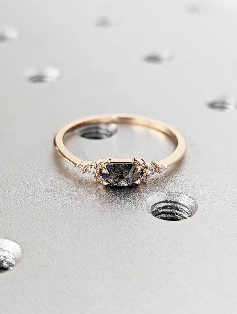 Hexagon Salt and Pepper Diamond Wedding Ring, Unique Diamond Wedding Band, Wedding Engagement Ring, Minimalist Diamond Ring, Cluster Diamond