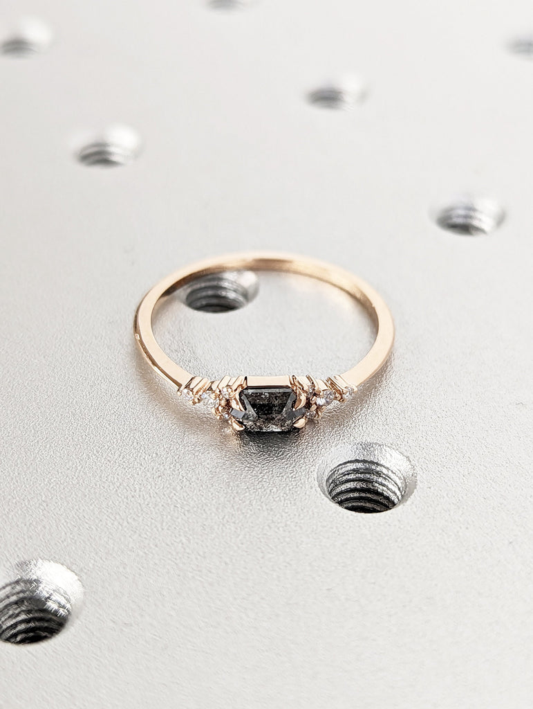 Hexagon Salt and Pepper Diamond Wedding Ring, Unique Diamond Wedding Band, Wedding Engagement Ring, Minimalist Diamond Ring, Cluster Diamond