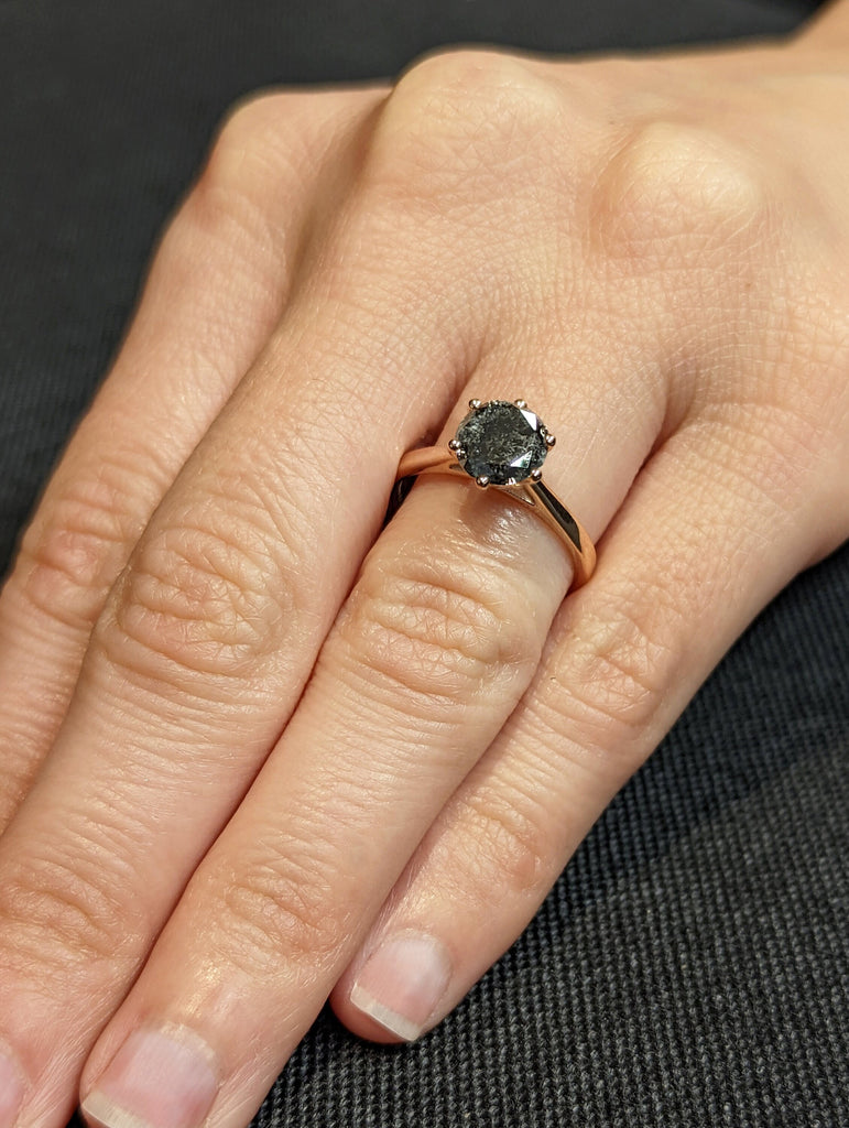 1920's Raw Salt and Pepper Diamond, Round Diamond Ring, Unique Engagement Bridal, Black, Gray Pear, 14k Yellow, Rose White Gold