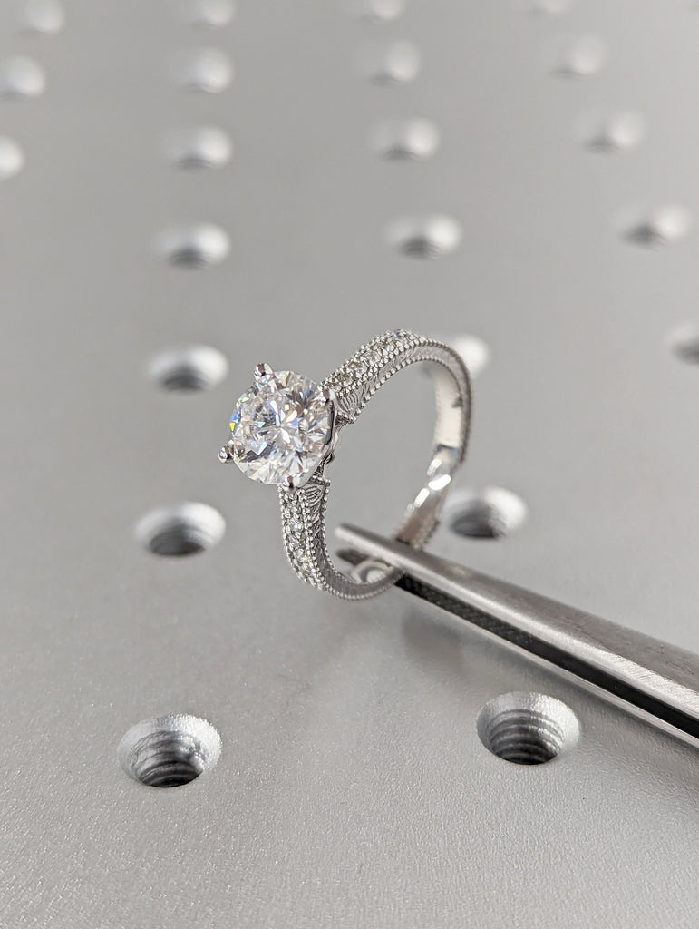 Vintage Engagement Ring 14k gold hand engraved ring, moissanite engagement ring, vintage ring, hand engraving