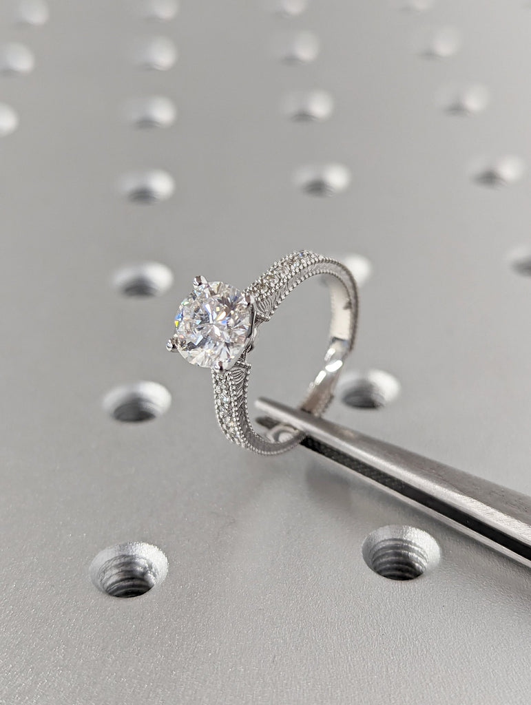 Vintage Engagement Ring 14k gold hand engraved ring, moissanite engagement ring, vintage ring, hand engraving