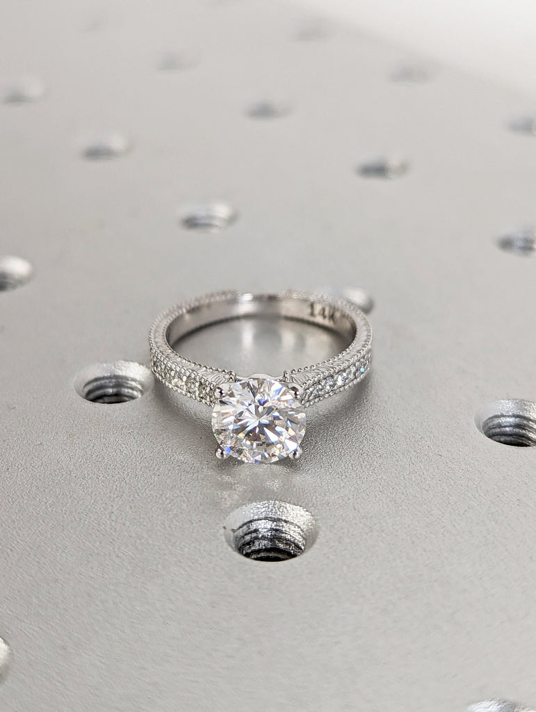 Vintage Engagement Ring 14k gold hand engraved ring, moissanite engagement ring, vintage ring, hand engraving