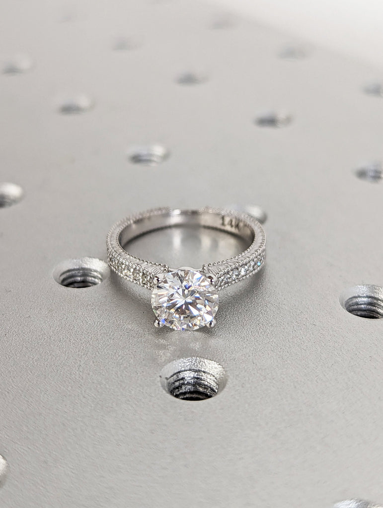 Vintage Engagement Ring 14k gold hand engraved ring, moissanite engagement ring, vintage ring, hand engraving