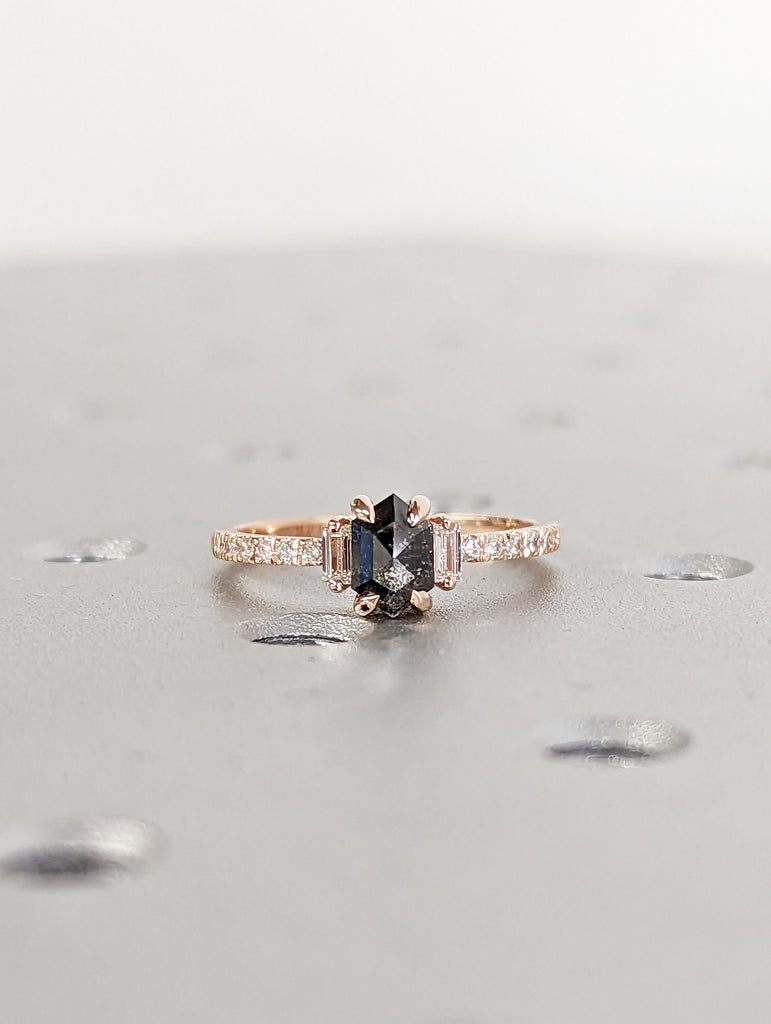 Raw Diamond Hexagon Baguette Diamond, Salt and Pepper, Unique Engagement Ring, Rose Cut Geometric Diamond Ring, 14k Gold, Custom Handmade