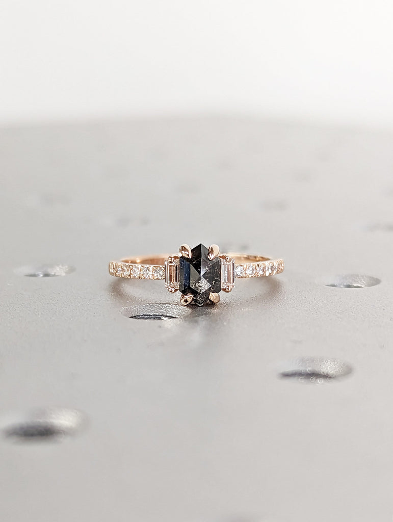 Raw Diamond Hexagon Baguette Diamond, Salt and Pepper, Unique Engagement Ring, Rose Cut Geometric Diamond Ring, 14k Gold, Custom Handmade