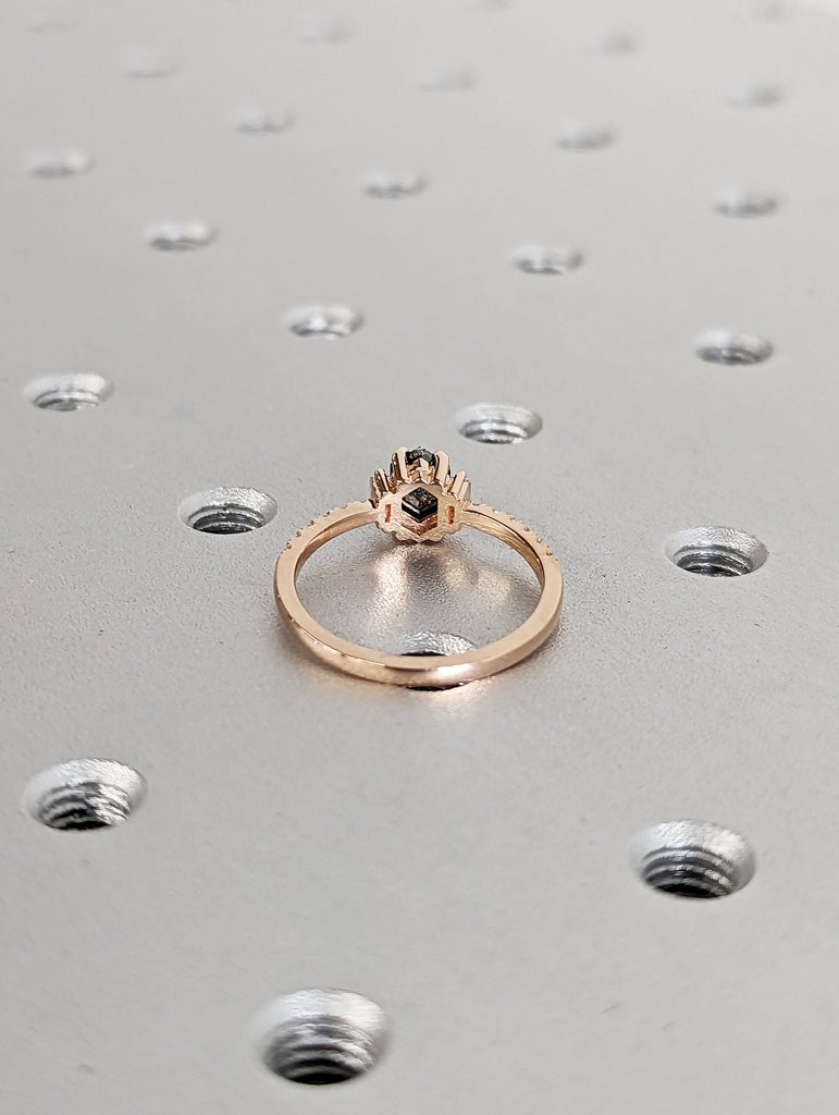 Raw Diamond Hexagon Baguette Diamond, Salt and Pepper, Unique Engagement Ring, Rose Cut Geometric Diamond Ring, 14k Gold, Custom Handmade
