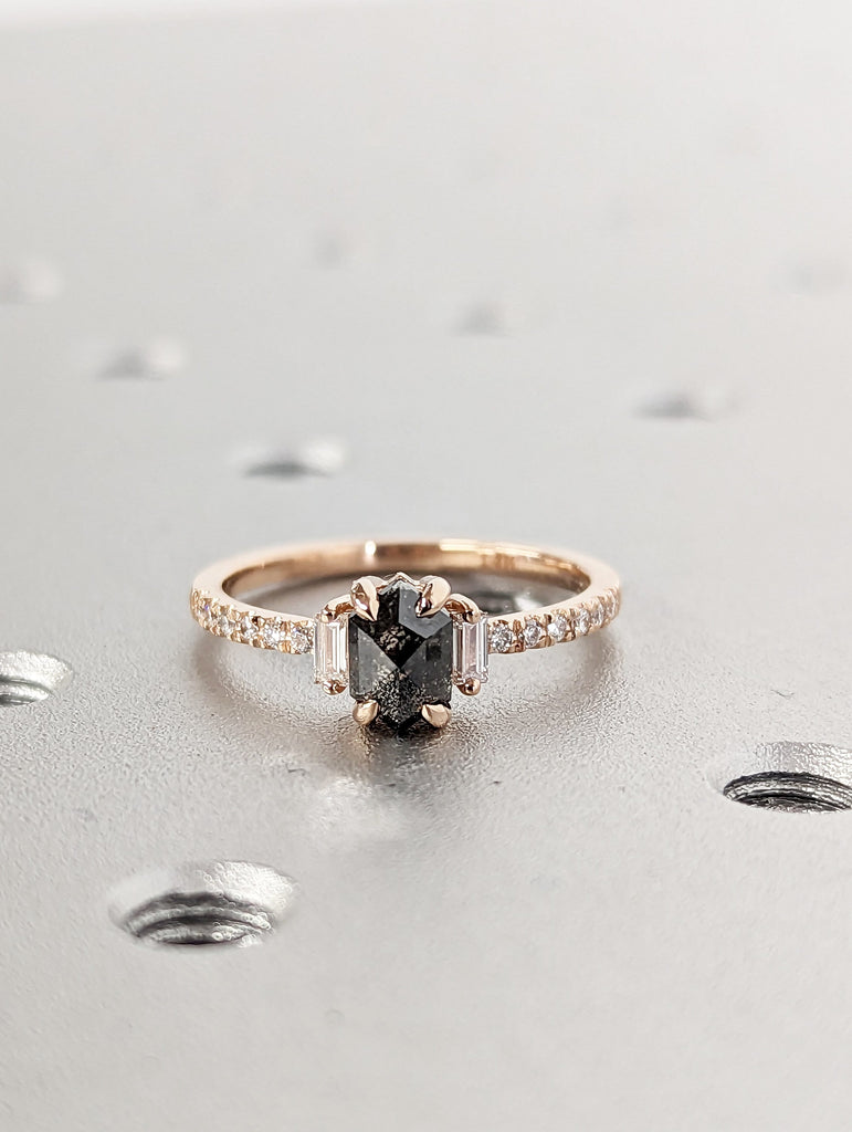 Raw Diamond Hexagon Baguette Diamond, Salt and Pepper, Unique Engagement Ring, Rose Cut Geometric Diamond Ring, 14k Gold, Custom Handmade