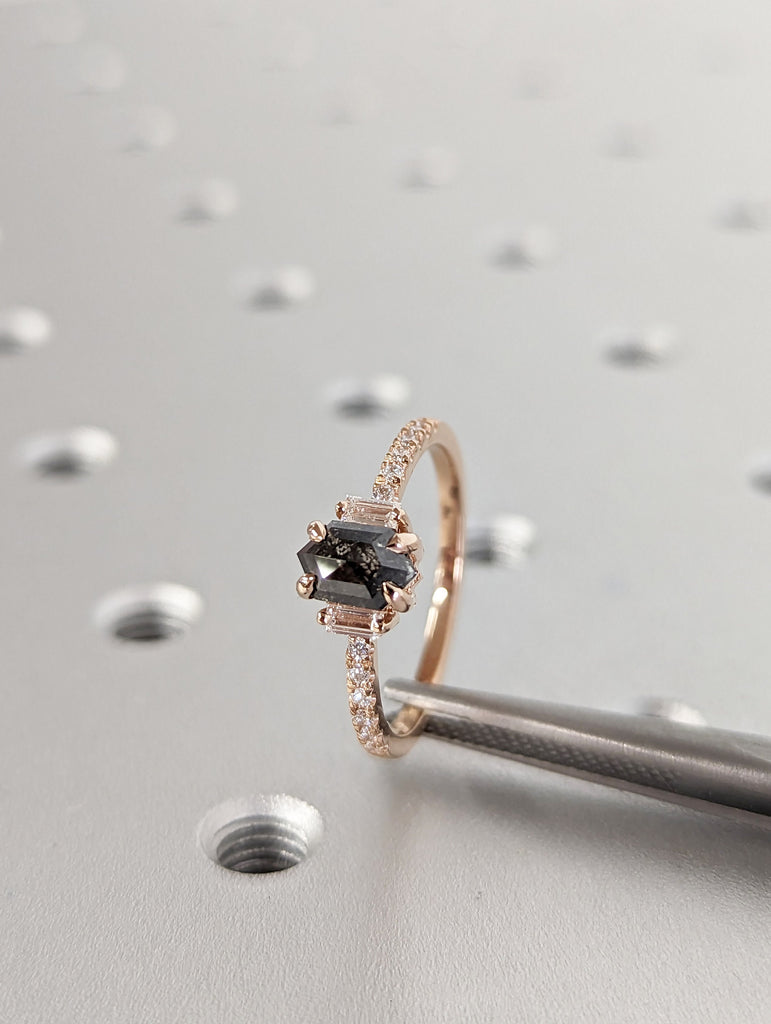 Raw Diamond Hexagon Baguette Diamond, Salt and Pepper, Unique Engagement Ring, Rose Cut Geometric Diamond Ring, 14k Gold, Custom Handmade