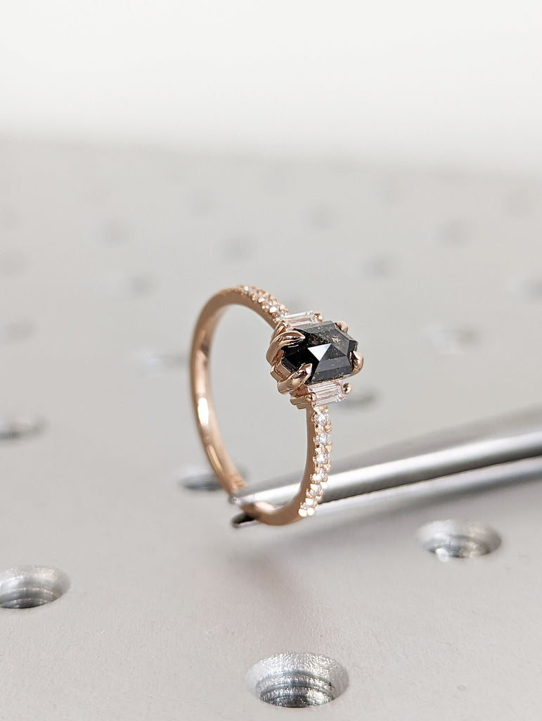 Raw Diamond Hexagon Baguette Diamond, Salt and Pepper, Unique Engagement Ring, Rose Cut Geometric Diamond Ring, 14k Gold, Custom Handmade