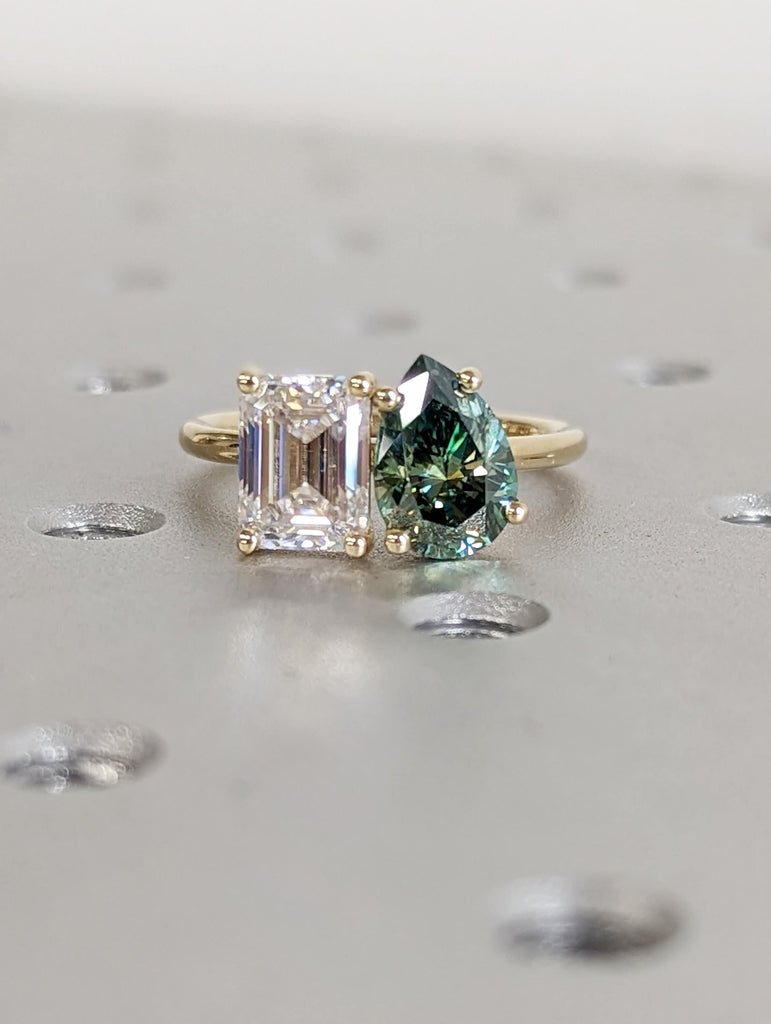 Pear And Emerald Cut Toi Et Moi Moissanite Ring / Green Pear Moissanite Engagement Ring / Yellow Gold Anniversary Ring / Two Stone Ring