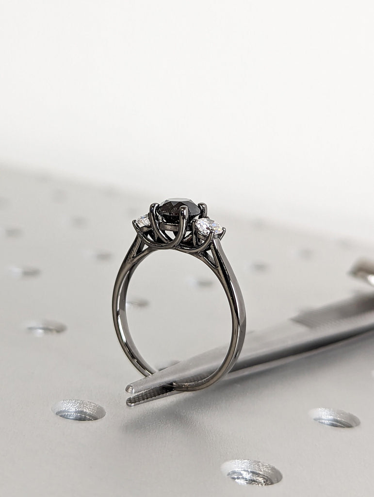 Three Stone Engagement Ring 14K/18k Black Gold Bridal, Past Present Future Ring, Diamond Engagement Ring, Three stone Diamond Ring